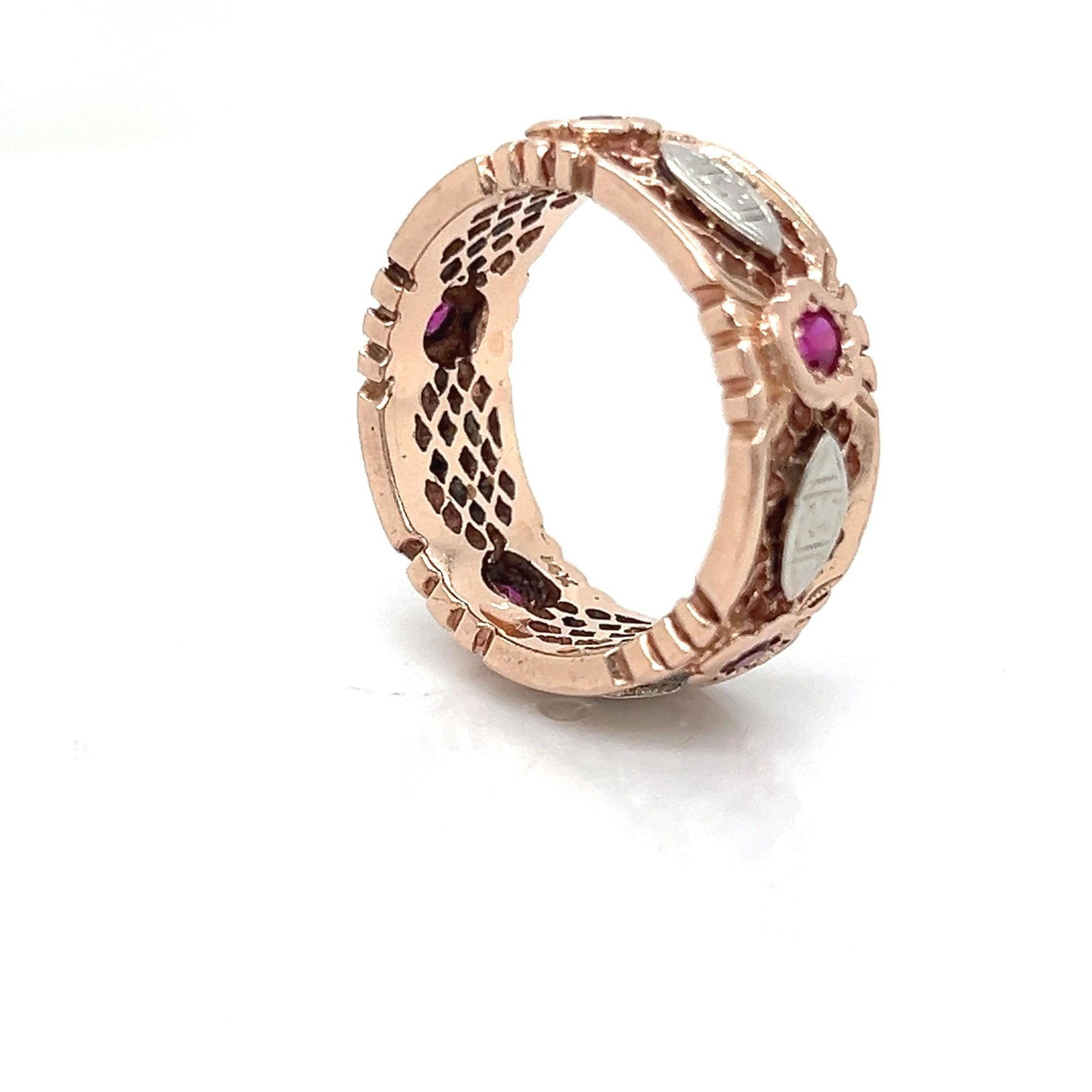 14k Rose Gold Ruby Vintage Eternity Wedding Band - 2