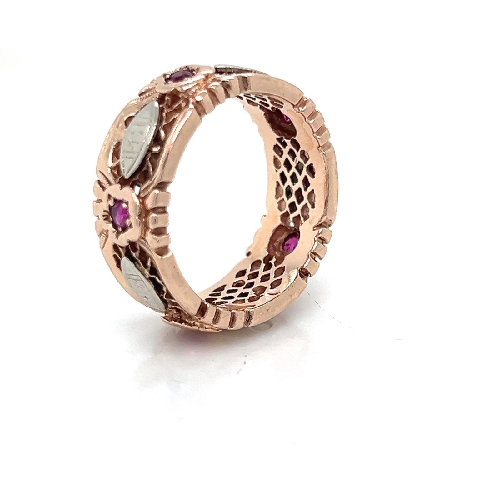14k Rose Gold Ruby Vintage Eternity Wedding Band - 3