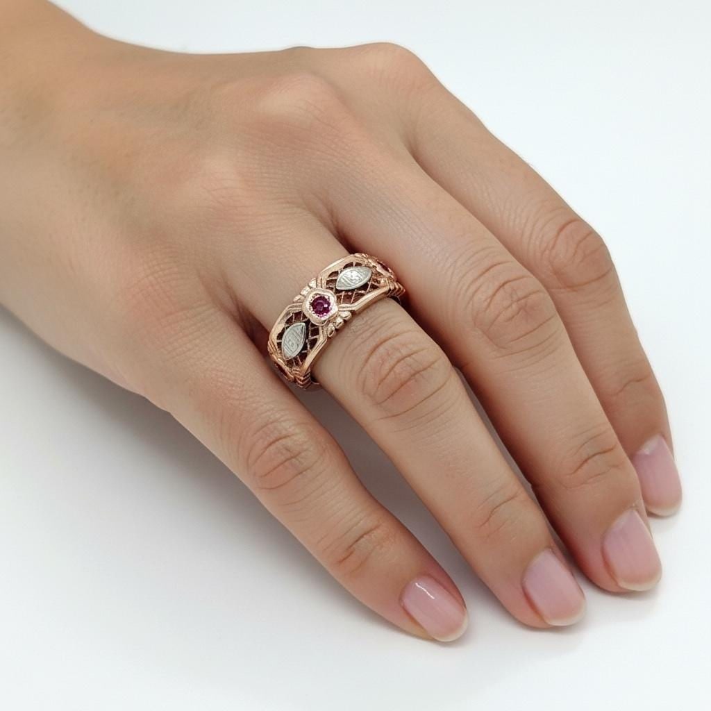 14k Rose Gold Ruby Vintage Eternity Wedding Band - 7