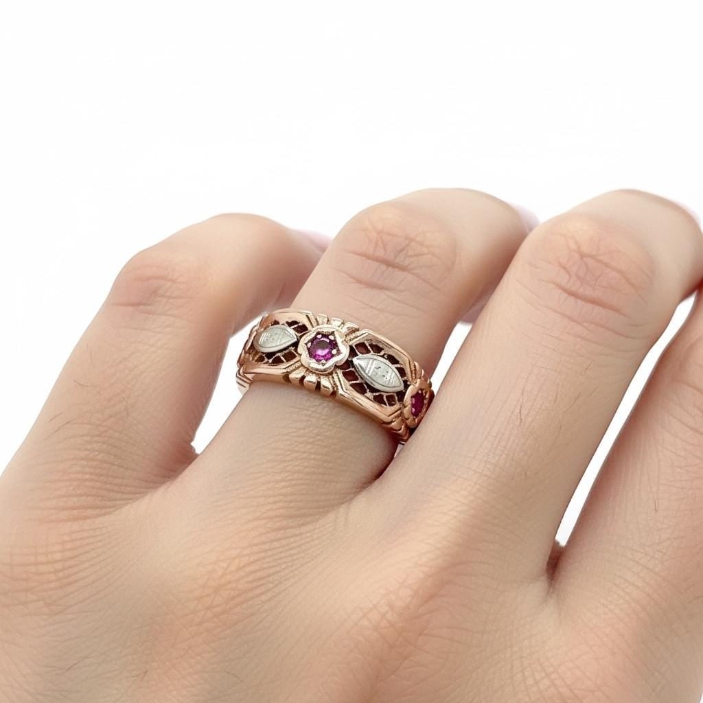 14k Rose Gold Ruby Vintage Eternity Wedding Band - 8