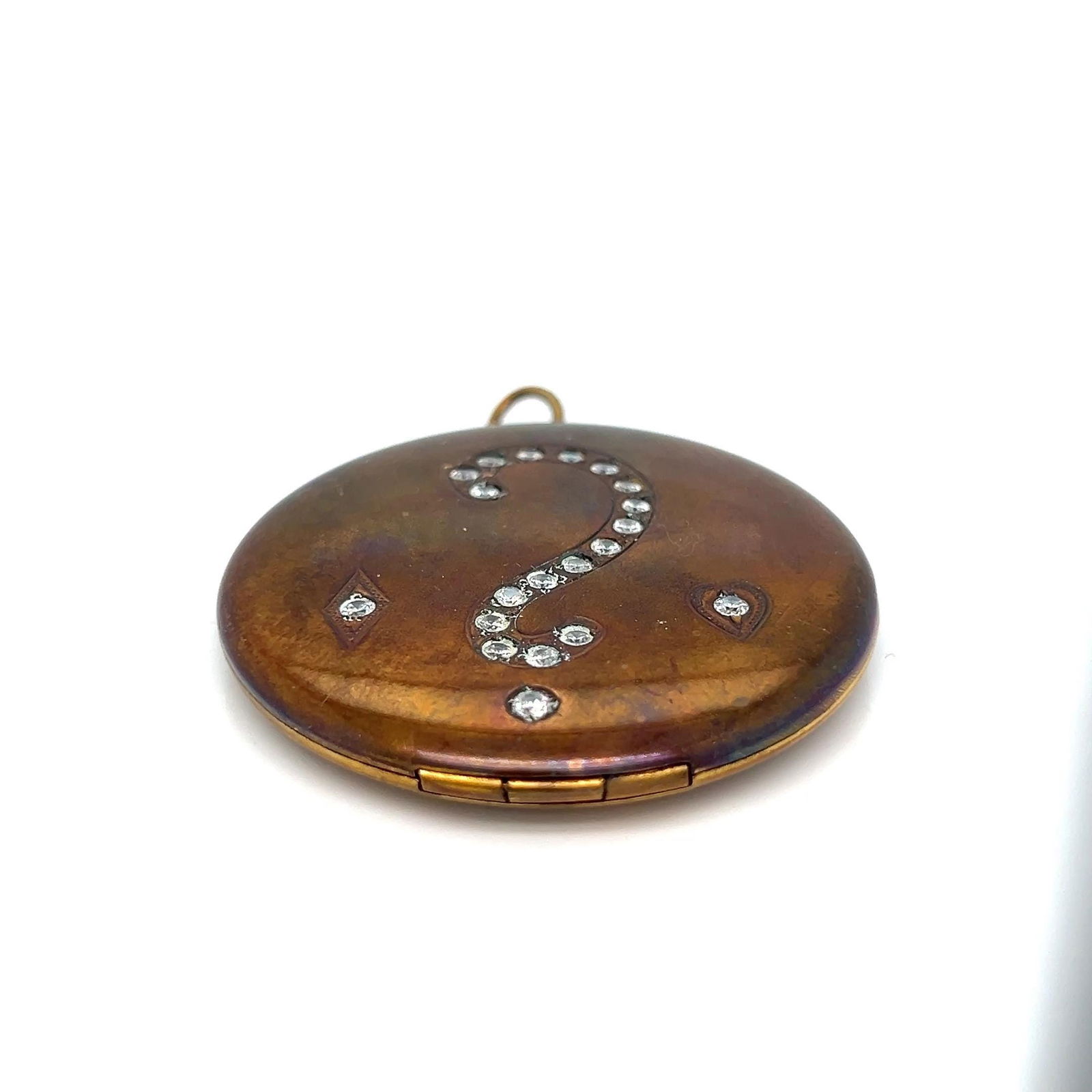 Vintage Gold filled large round locket with sparkly question mark motif - 6