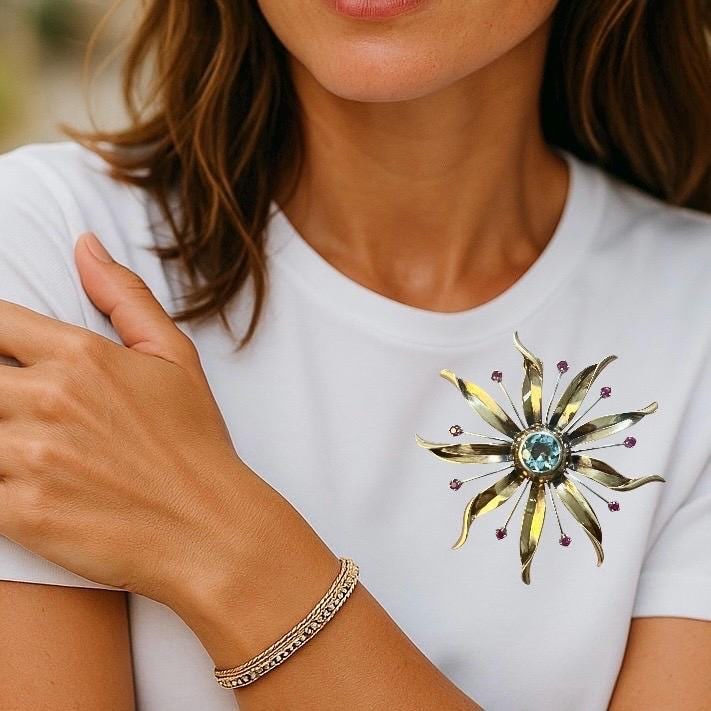 Vintage aquamarine, ruby, 14k gold, starburst pin/brooch or necklace - 4