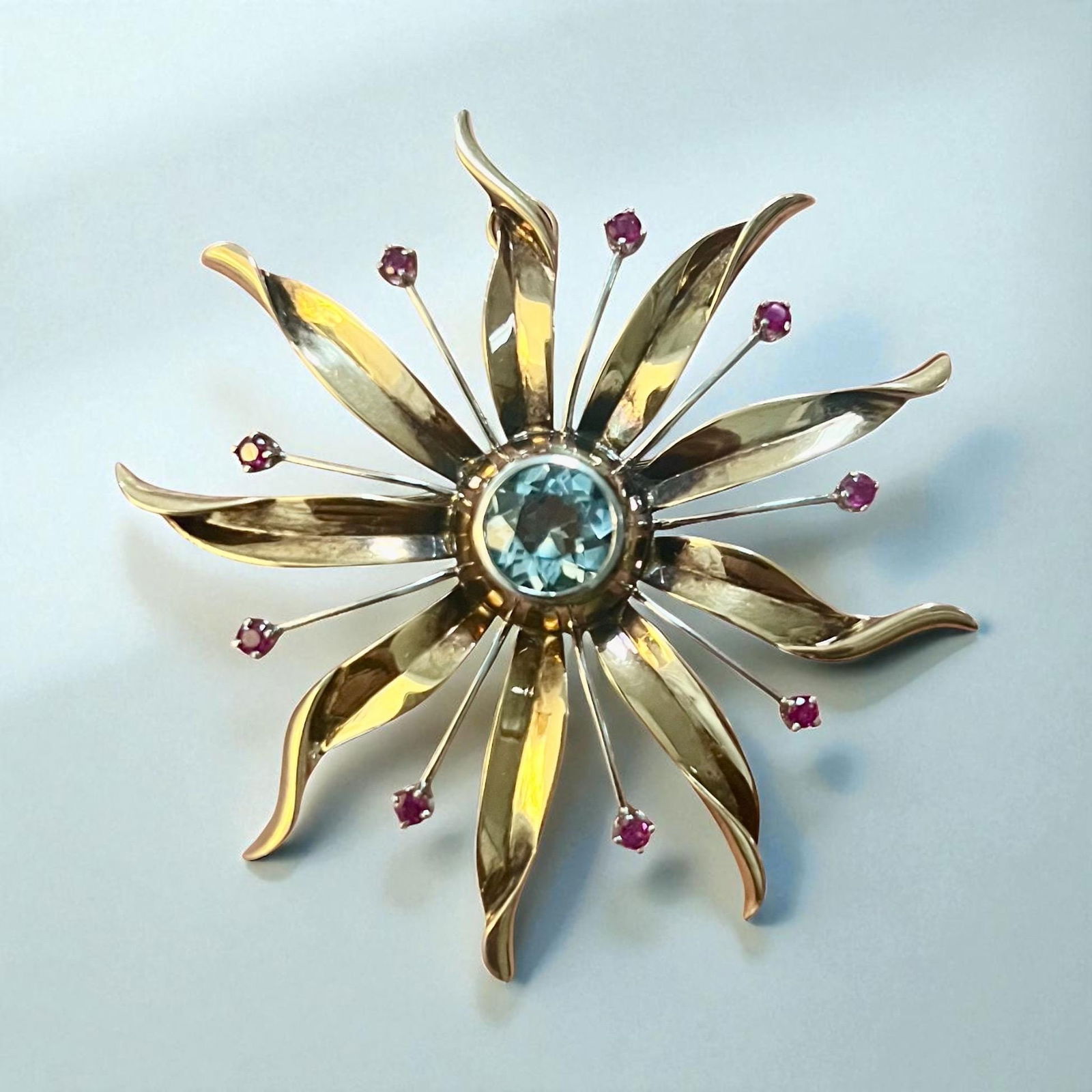 Vintage aquamarine, ruby, 14k gold, starburst pin/brooch or necklace - 6