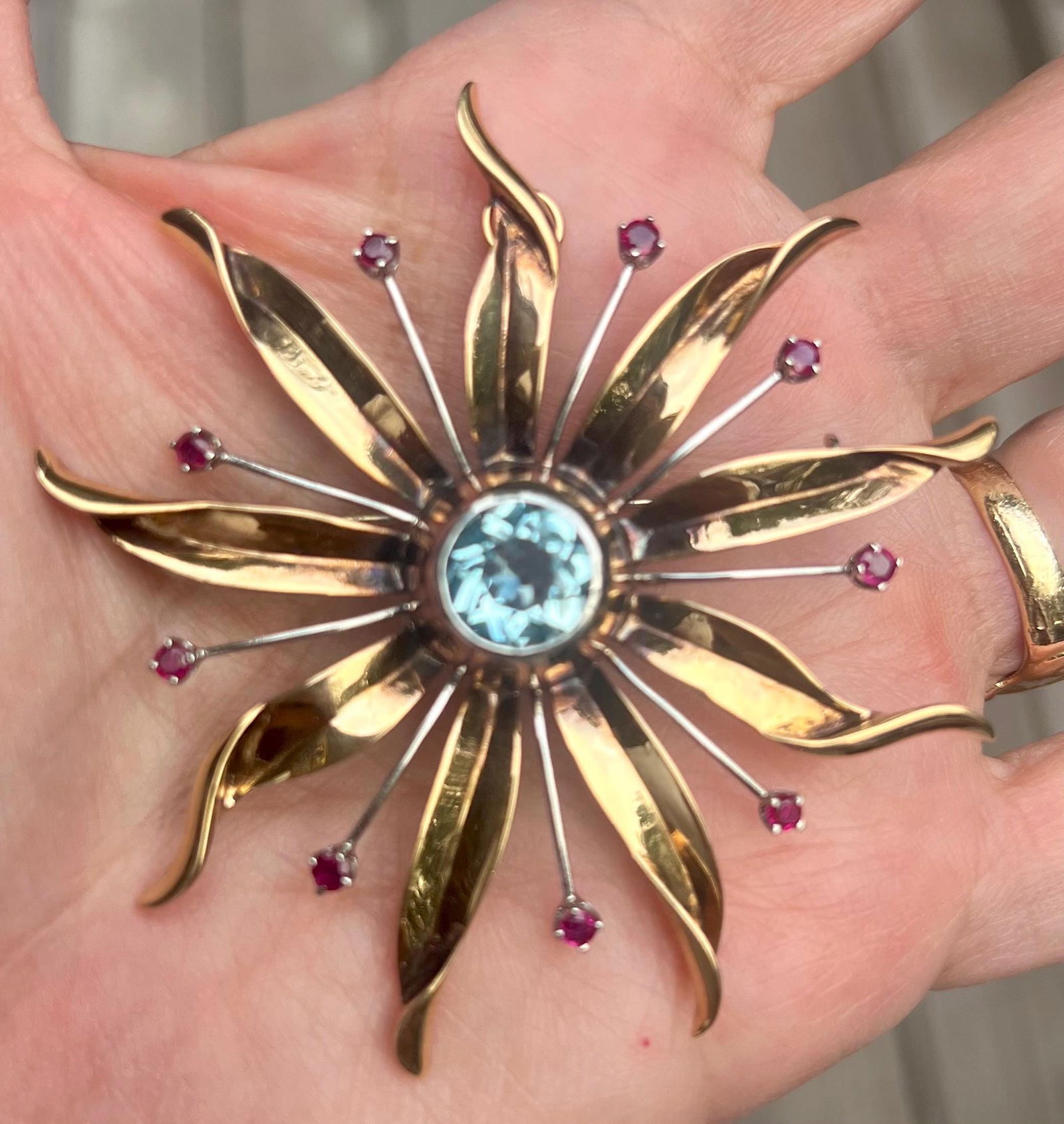 Vintage aquamarine, ruby, 14k gold, starburst pin/brooch or necklace - 7