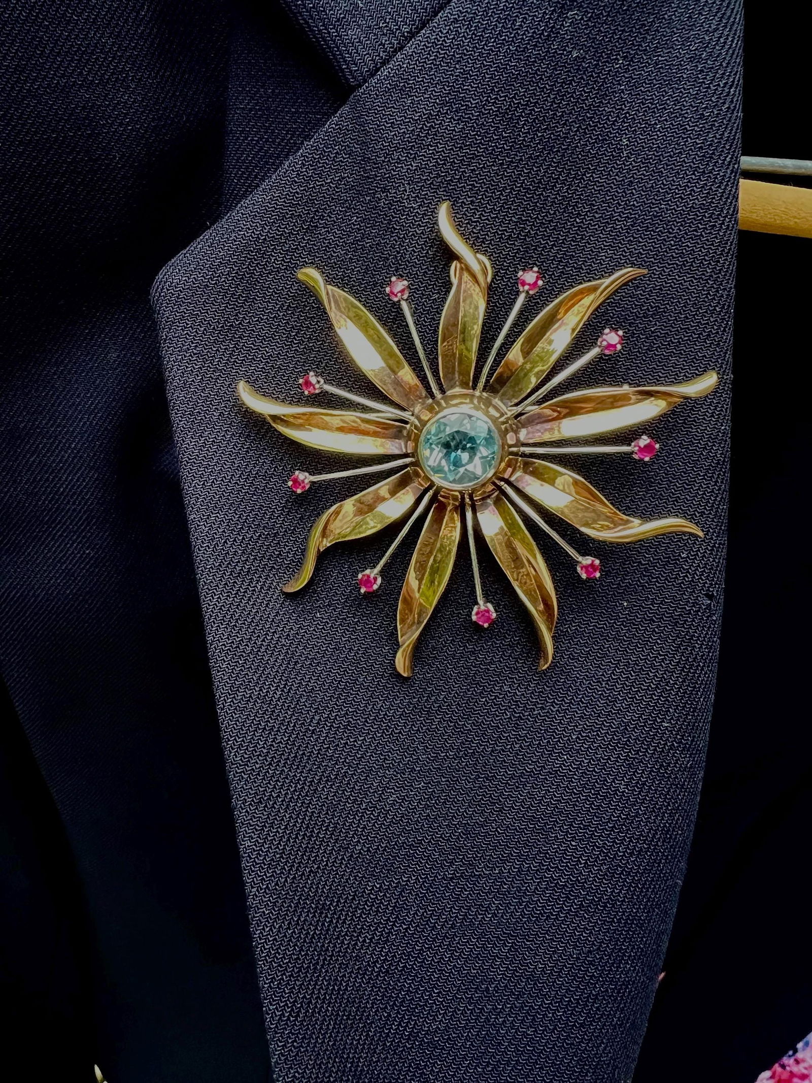 Vintage aquamarine, ruby, 14k gold, starburst pin/brooch or necklace - 8