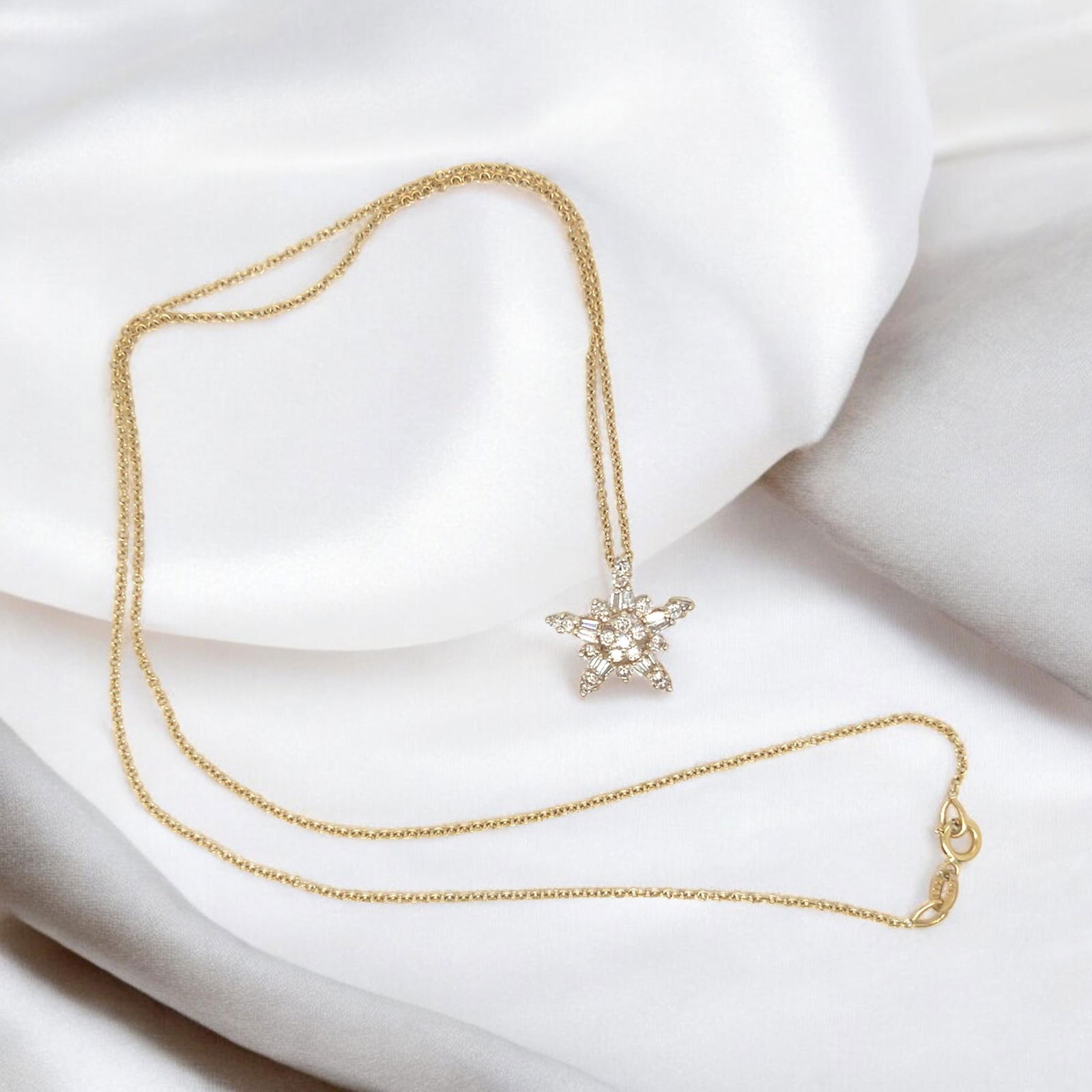 14k Gold Diamond Star Pendant Necklace: Round & Baguette Diamonds - 4