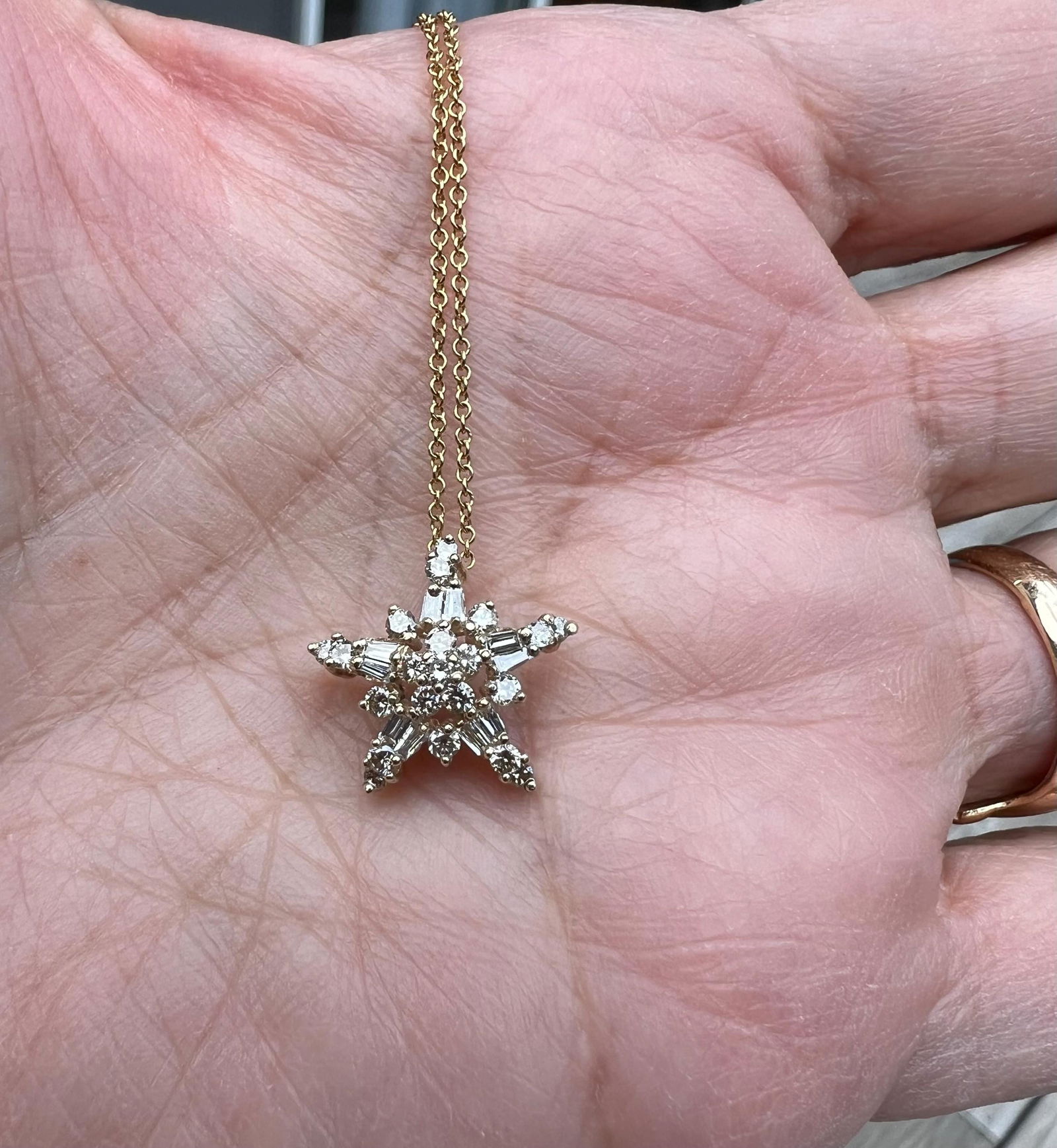 14k Gold Diamond Star Pendant Necklace: Round & Baguette Diamonds - 5