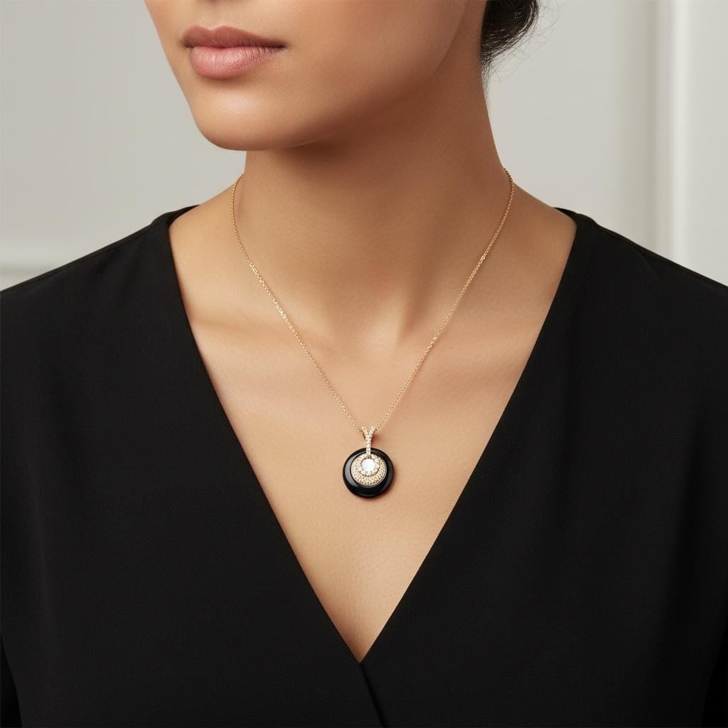 Christmas Special ! Onyx diamond solid yellow gold round pendant necklace - 6