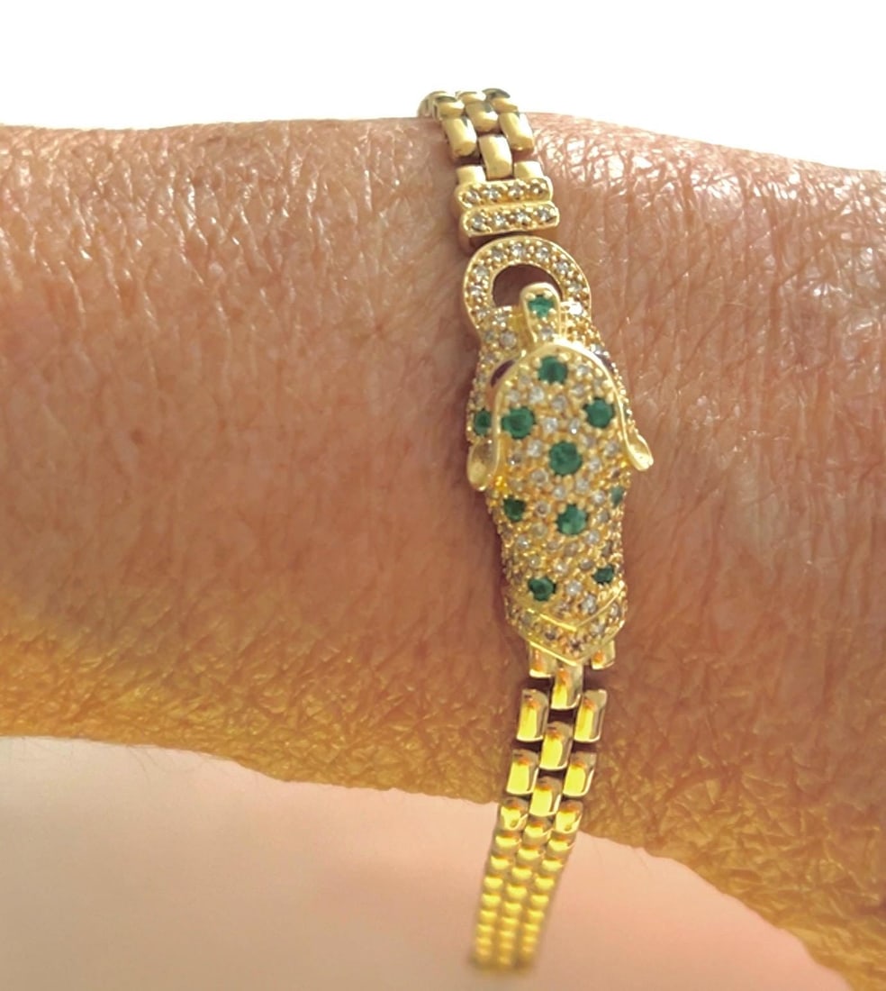 Vintage 14k emerald diamond Panther Bracelet - 8