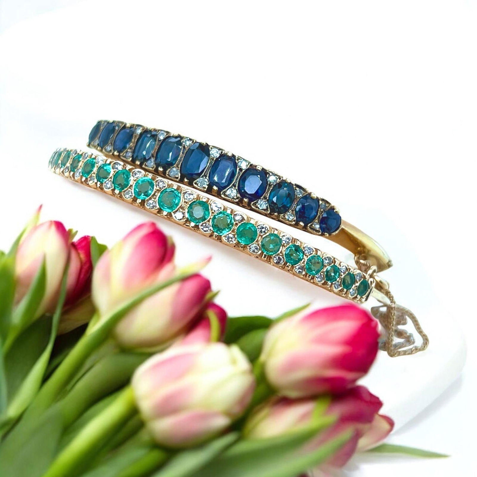 14K Victorian bangle bracelets..Diamonds, Emeralds, Sapphires - 3