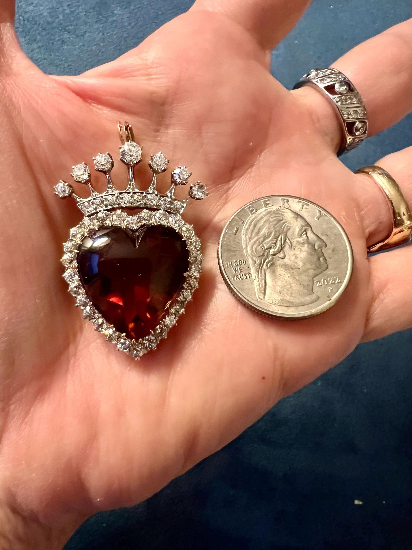 14K Antique Diamond Heart Crown Pin/ Pendant with Citrine - 2