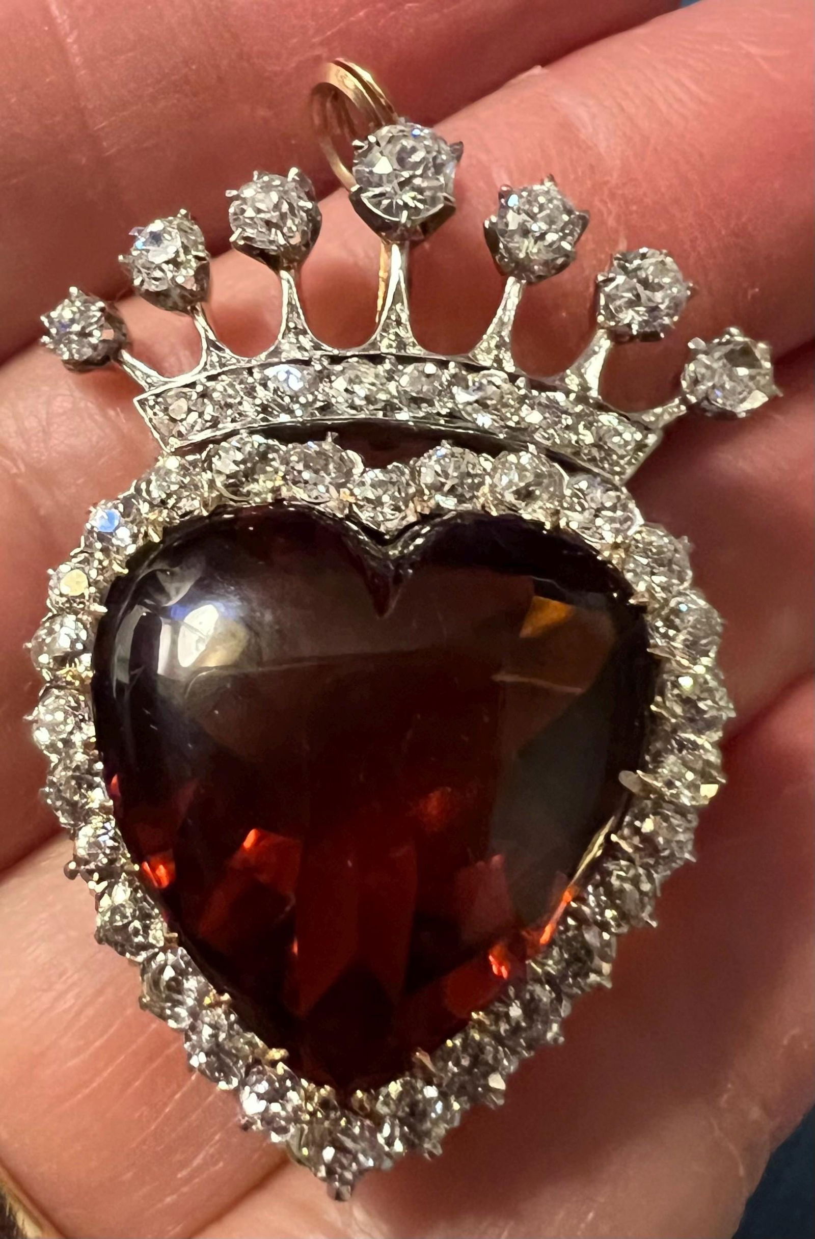 14K Antique Diamond Heart Crown Pin/ Pendant with Citrine - 3