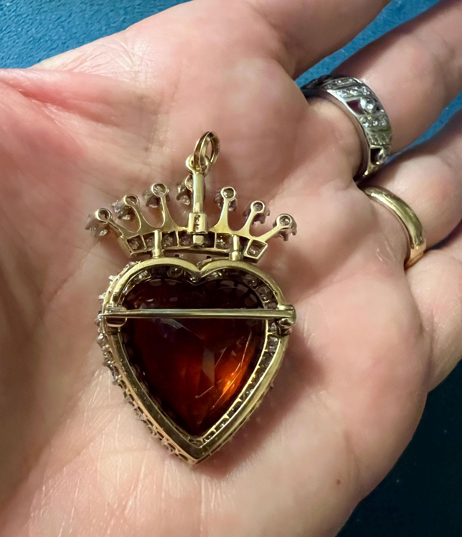 14K Antique Diamond Heart Crown Pin/ Pendant with Citrine - 4