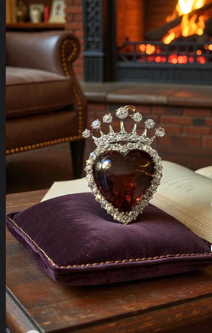 14K Antique Diamond Heart Crown Pin/ Pendant with Citrine - 5