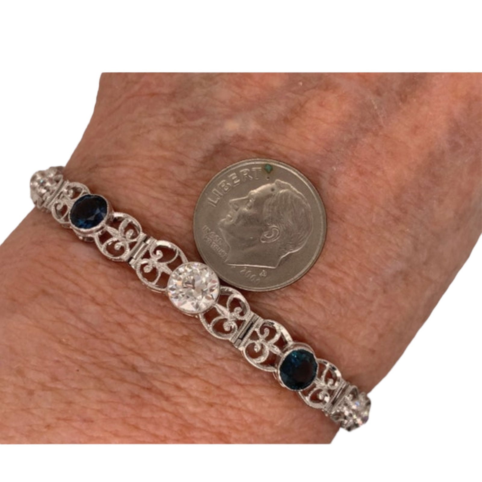 Antique platinum diamond sapphire filigree bracelet Just Reduced !!! - 6