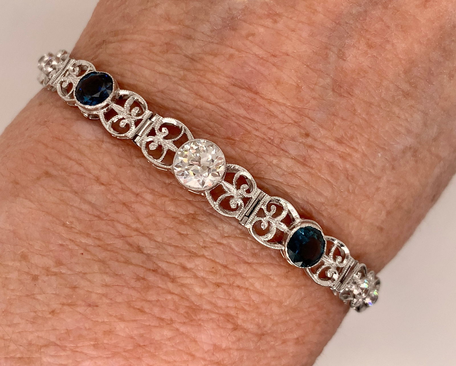 Antique platinum diamond sapphire filigree bracelet Just Reduced !!! - 8
