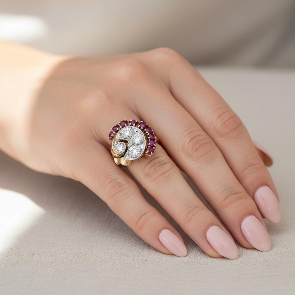 Retro 14k rose gold deco 14K Ruby, diamond ladies cocktail ring - 2