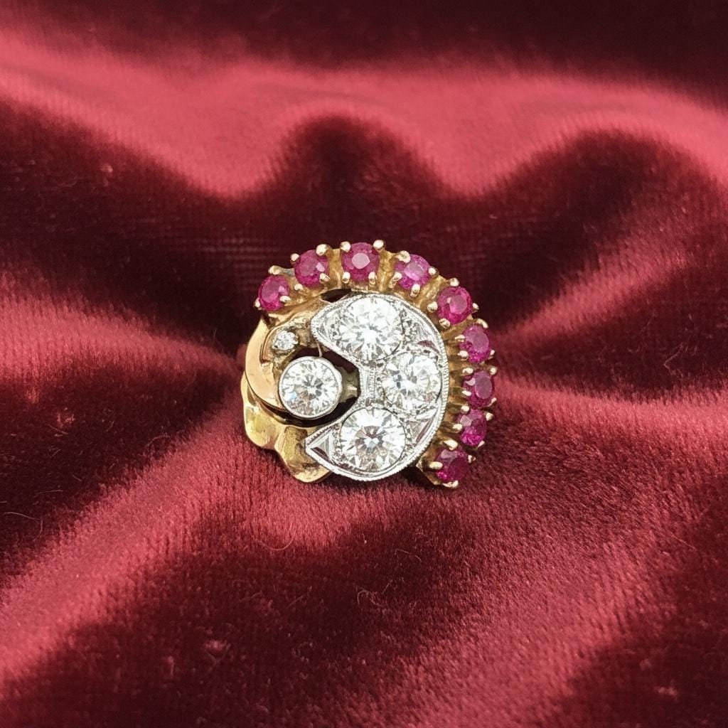 Retro 14k rose gold deco 14K Ruby, diamond ladies cocktail ring - 3
