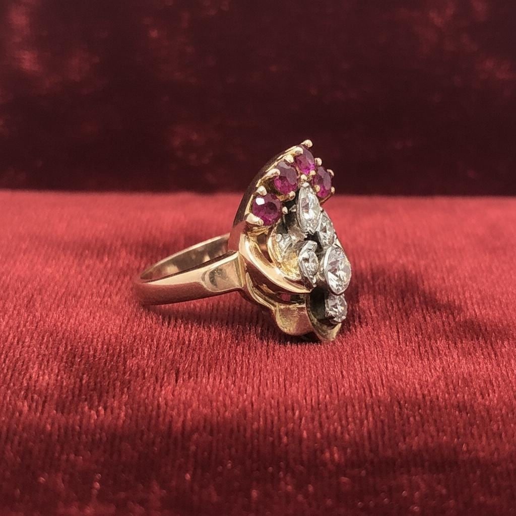 Retro 14k rose gold deco 14K Ruby, diamond ladies cocktail ring - 4