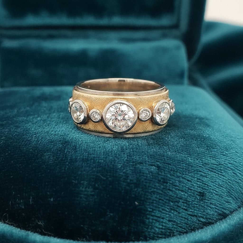 VINTAGE 14K diamond three stone gypsy ring/Cigar band: Title: VINTAGE 14K diamond three stone gypsy ring/Cigar band Description: Solid 14k yellow, and white gold diamond band : Item details Highlights Vintage from the 1960s <b