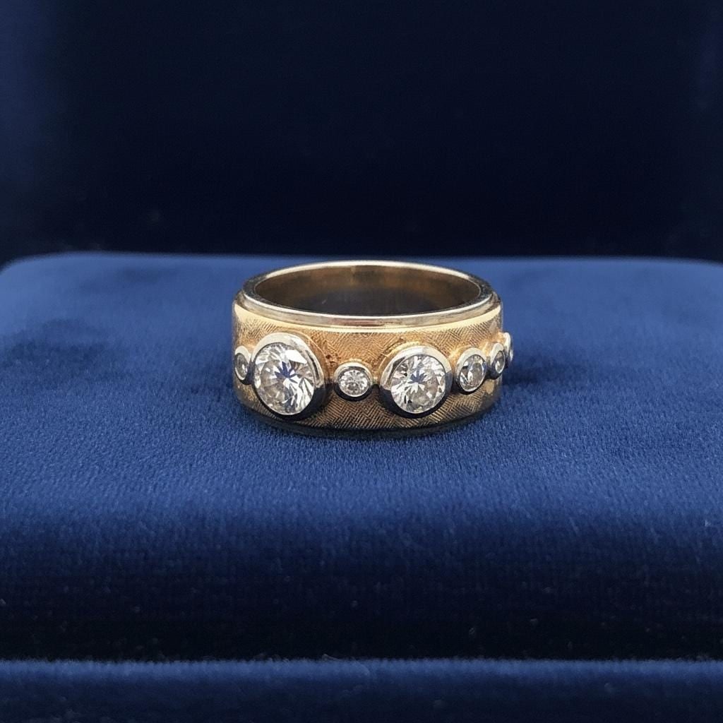 VINTAGE 14K diamond three stone gypsy ring/Cigar band - 3