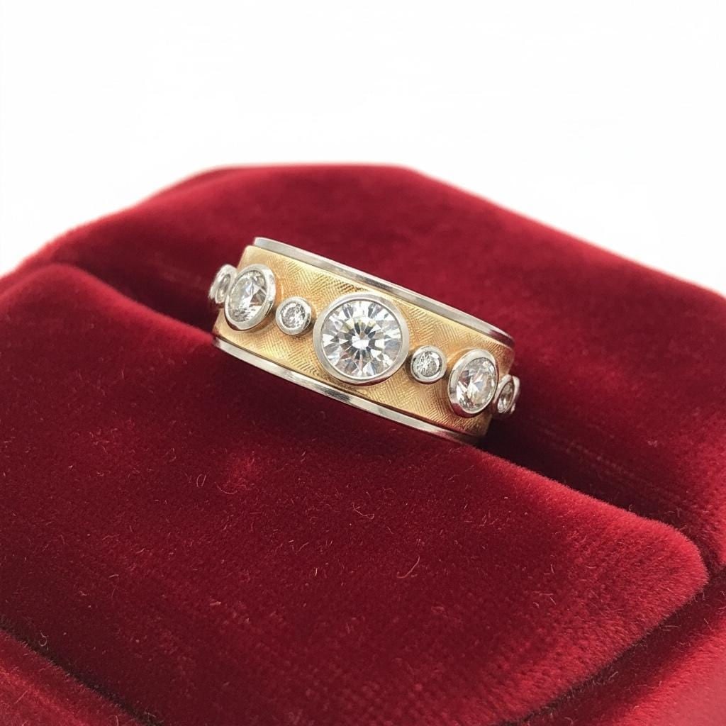 VINTAGE 14K diamond three stone gypsy ring/Cigar band - 4