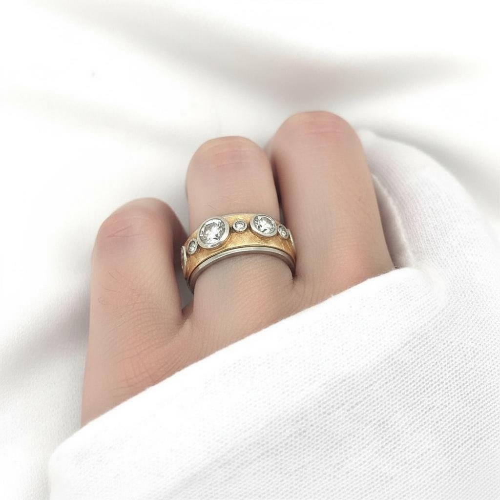 VINTAGE 14K diamond three stone gypsy ring/Cigar band - 7