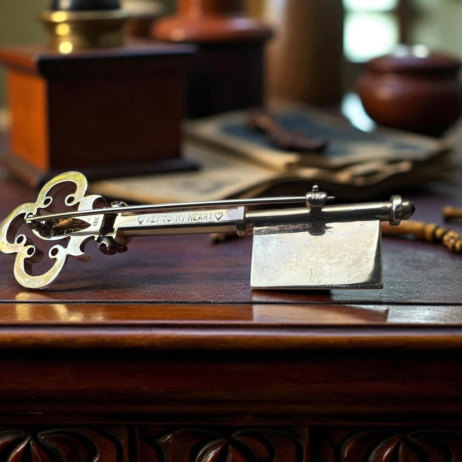 14K Vintage Rose Gold and Genuine Ruby Large Key Brooch - 6