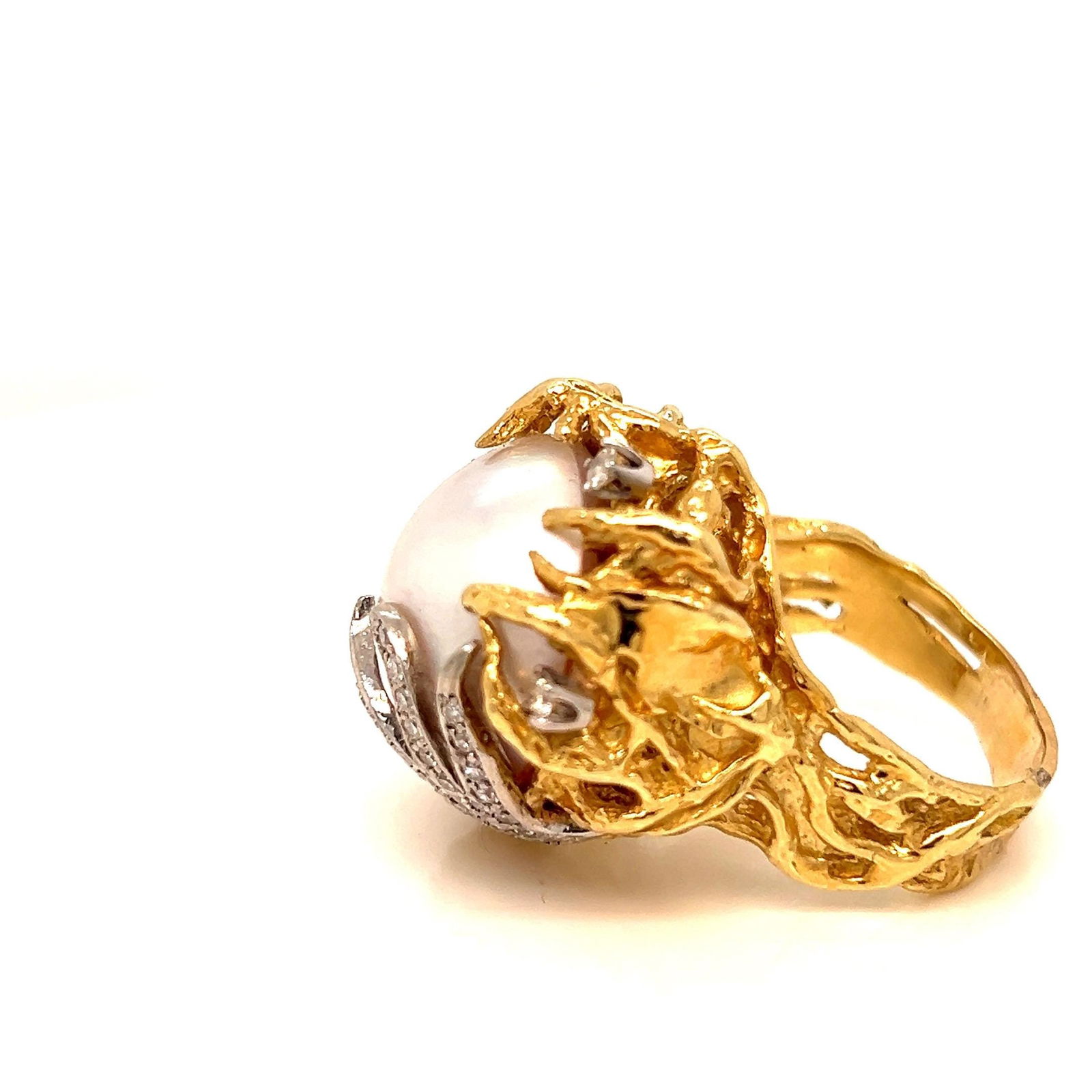 Vintage 18k yellow gold mabe pearl diamond ladies cocktail ring - 6