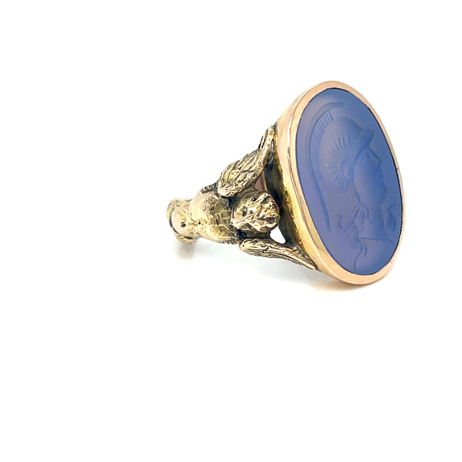 Vintage 14k gold itaglio ring with mermaid and angel on shank - 7