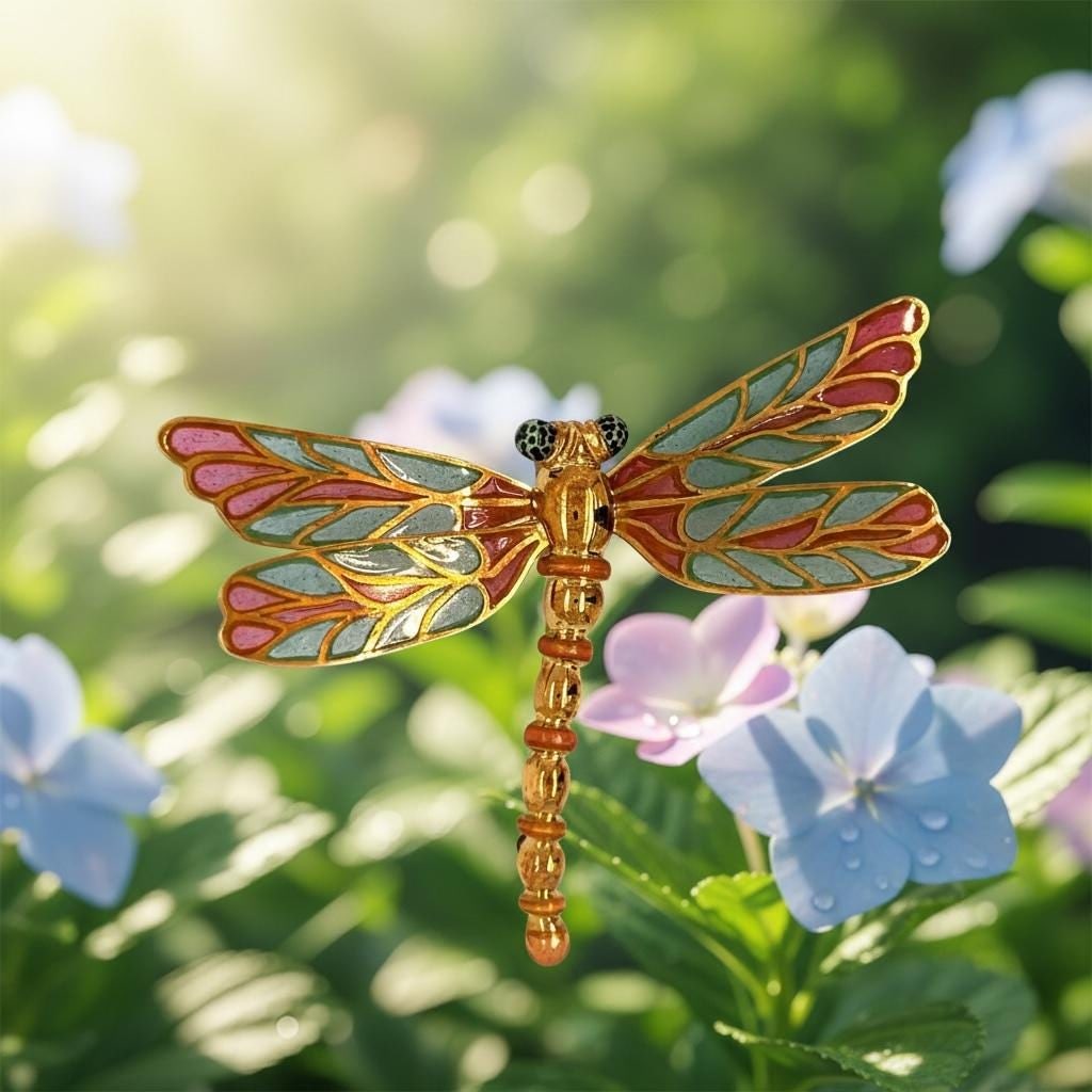 18K Gold Dragonfly Brooch With Enamel Wings signed by Designer Susy Mor - 3