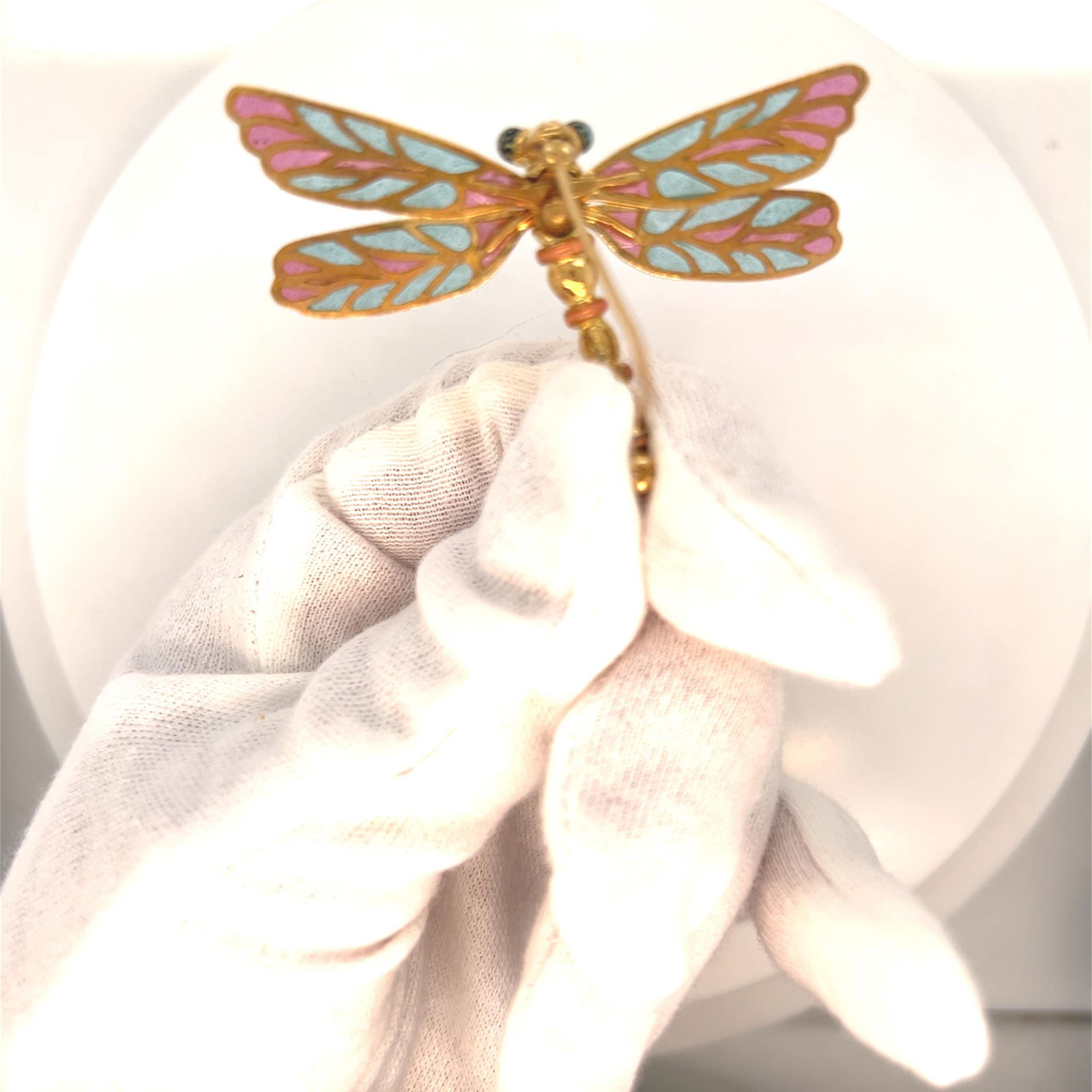 18K Gold Dragonfly Brooch With Enamel Wings signed by Designer Susy Mor - 5