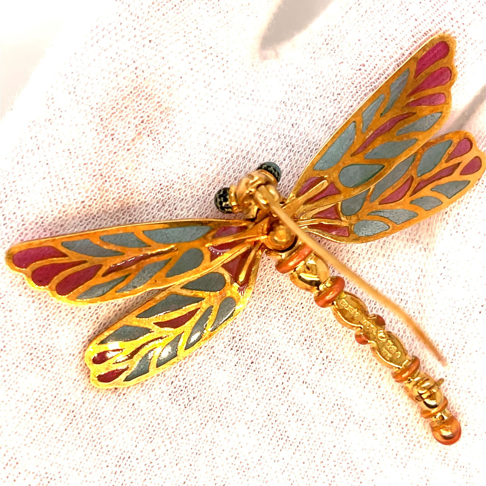 18K Gold Dragonfly Brooch With Enamel Wings signed by Designer Susy Mor - 6