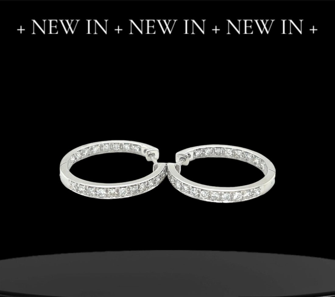 Designer "Sonia B" 14k white gold diamond hoop earrings 1.50 tcw: Title: Designer "Sonia B" 14k white gold diamond hoop earrings 1.50 tcwDescription: Sonia B 14k white gold diamond hoop earrings : Item details Highlights Vintage Ships