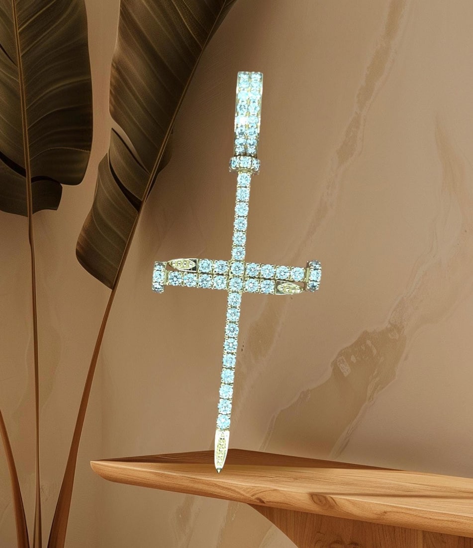 14k large yellow gold diamond cross 3" long REDUCED ! - 3