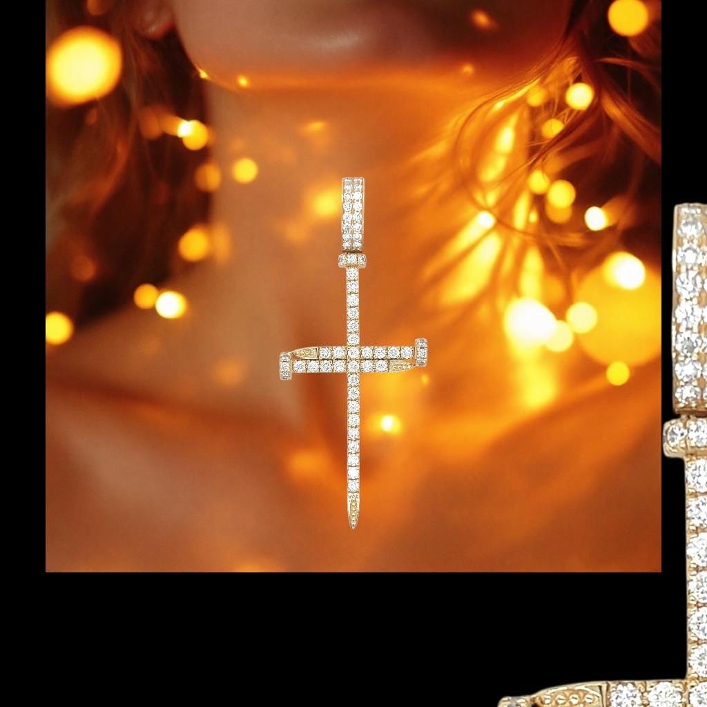 14k large yellow gold diamond cross 3" long REDUCED ! - 6