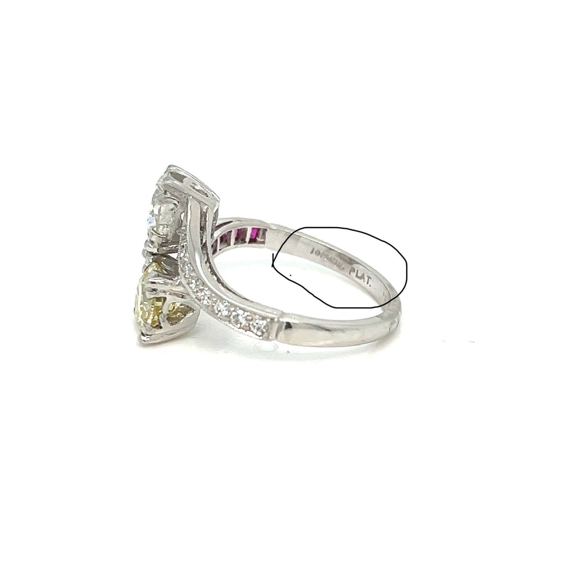 Antique Platinum fancy yellow diamond bypass ladies twin ring with GIA cert - 4