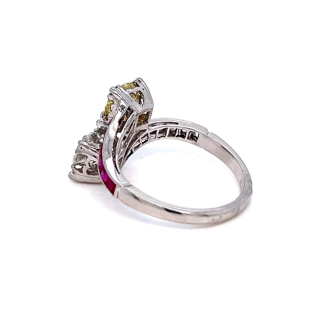 Antique Platinum fancy yellow diamond bypass ladies twin ring with GIA cert - 5