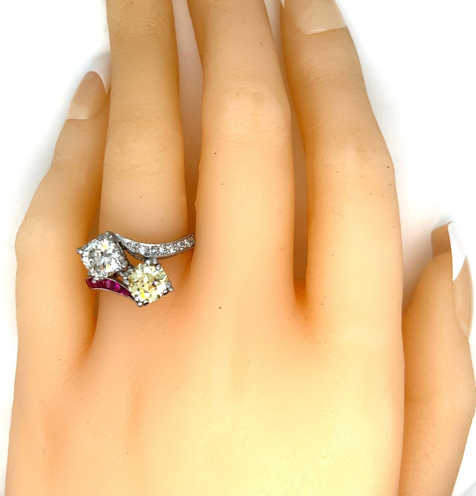 Antique Platinum fancy yellow diamond bypass ladies twin ring with GIA cert - 7