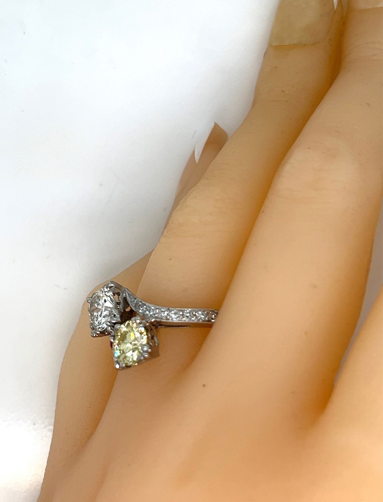 Antique Platinum fancy yellow diamond bypass ladies twin ring with GIA cert - 8