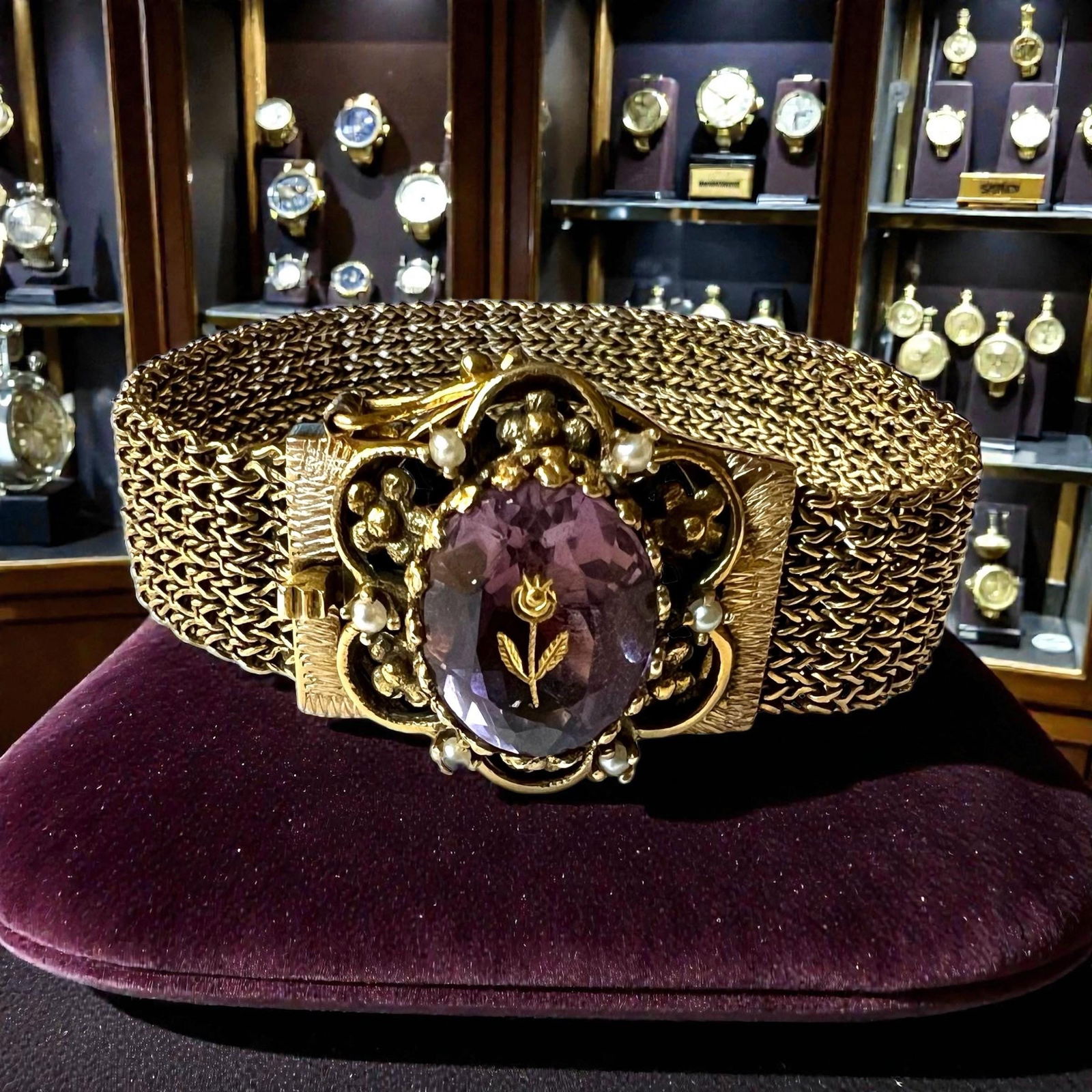 Antique Victorian 14k gold woven bracelet with Rose of Sharon Amethyst stone - 2