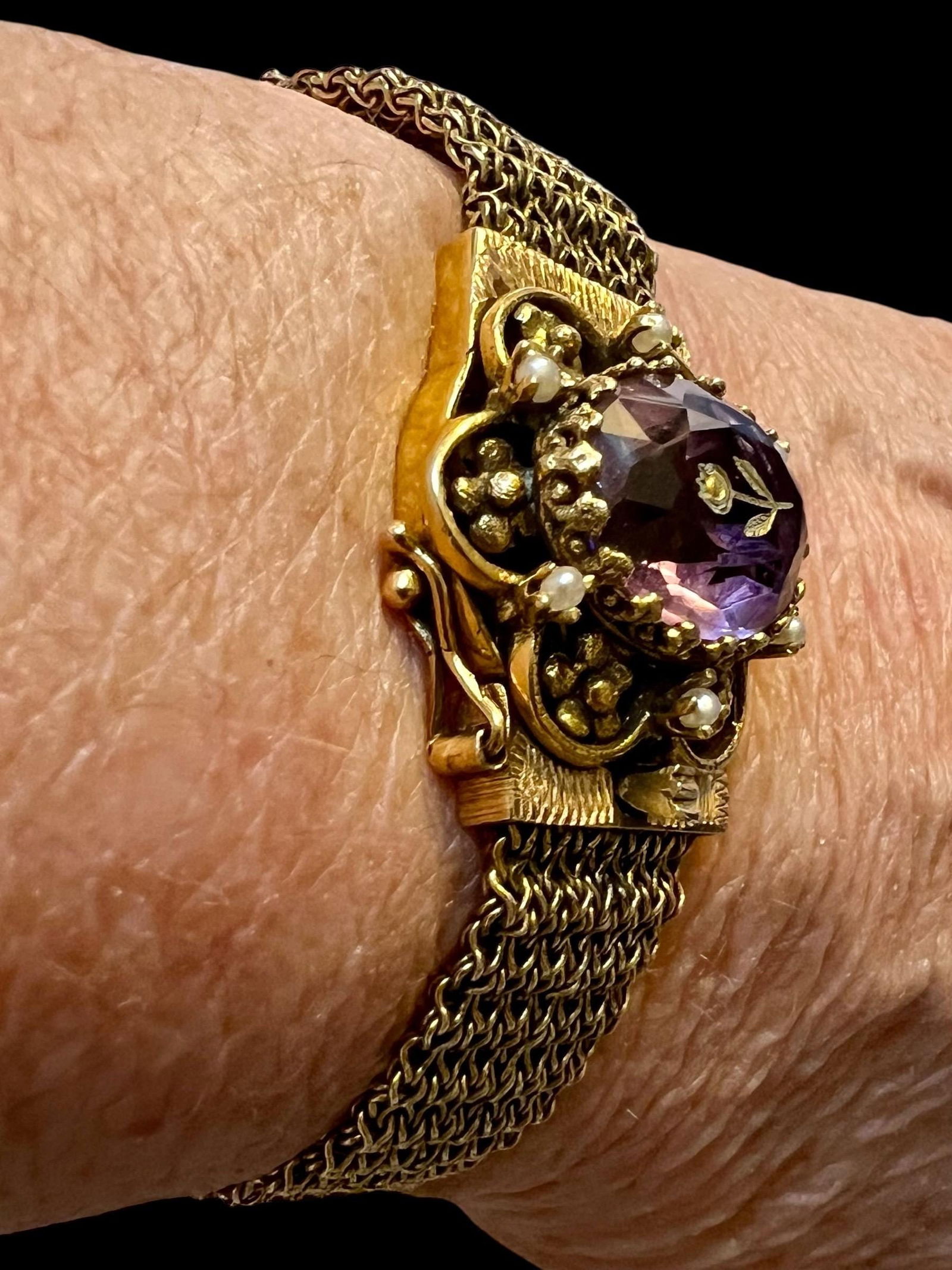 Antique Victorian 14k gold woven bracelet with Rose of Sharon Amethyst stone - 4