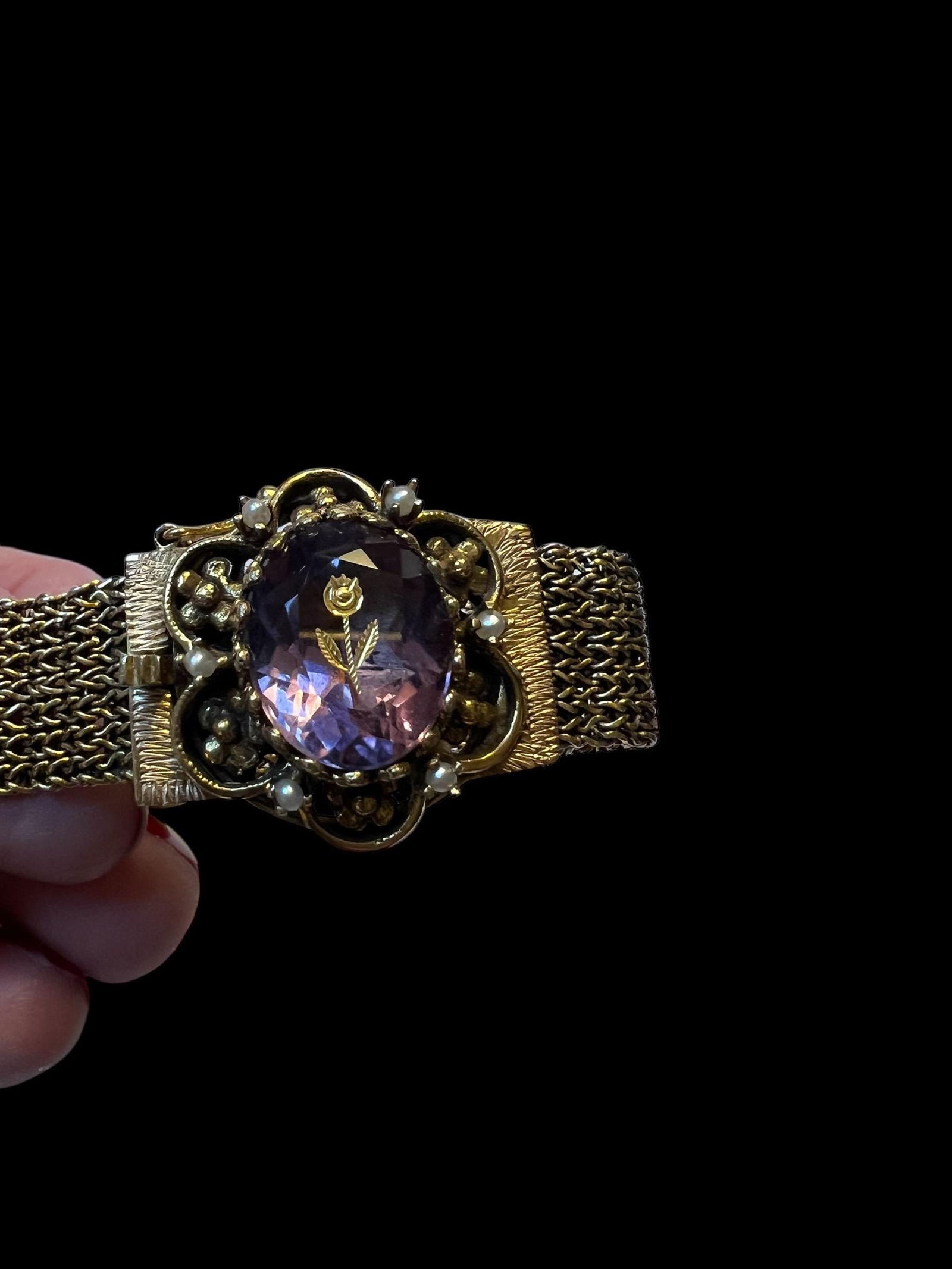 Antique Victorian 14k gold woven bracelet with Rose of Sharon Amethyst stone - 5