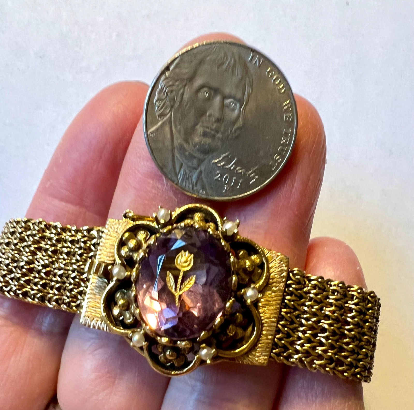 Antique Victorian 14k gold woven bracelet with Rose of Sharon Amethyst stone - 6