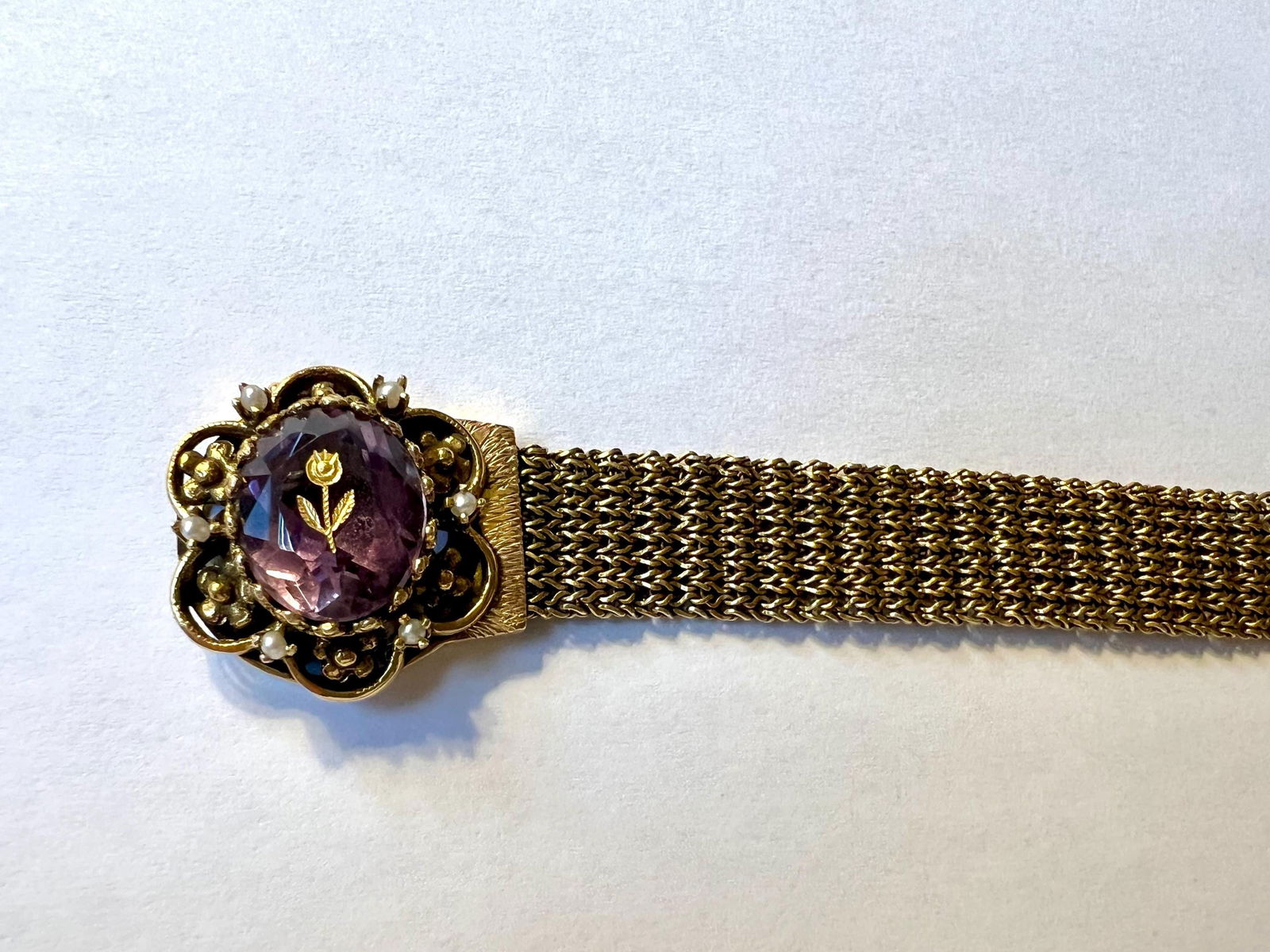 Antique Victorian 14k gold woven bracelet with Rose of Sharon Amethyst stone - 8