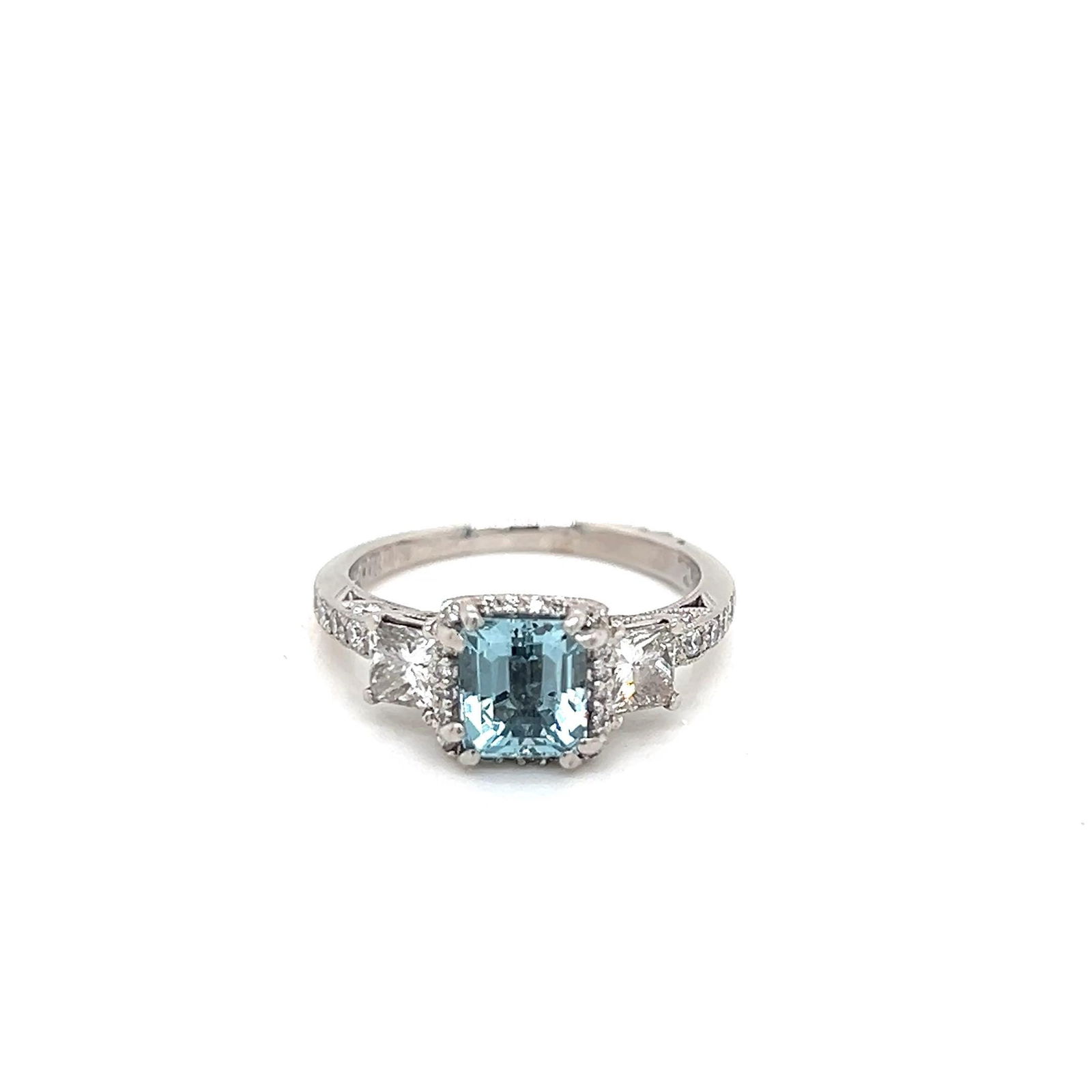 Platinum diamond aqua engagement ring cushion cut - 2