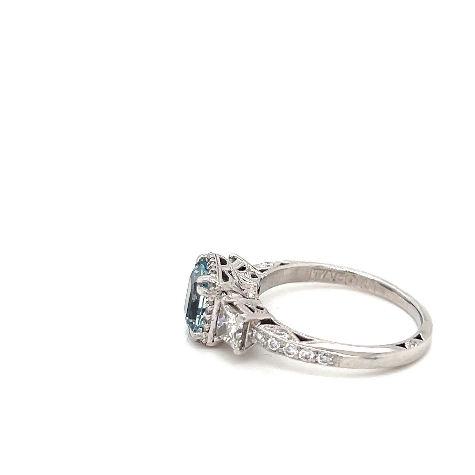 Platinum diamond aqua engagement ring cushion cut - 3