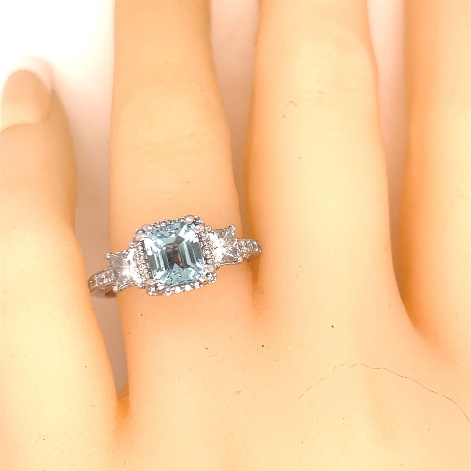 Platinum diamond aqua engagement ring cushion cut - 6