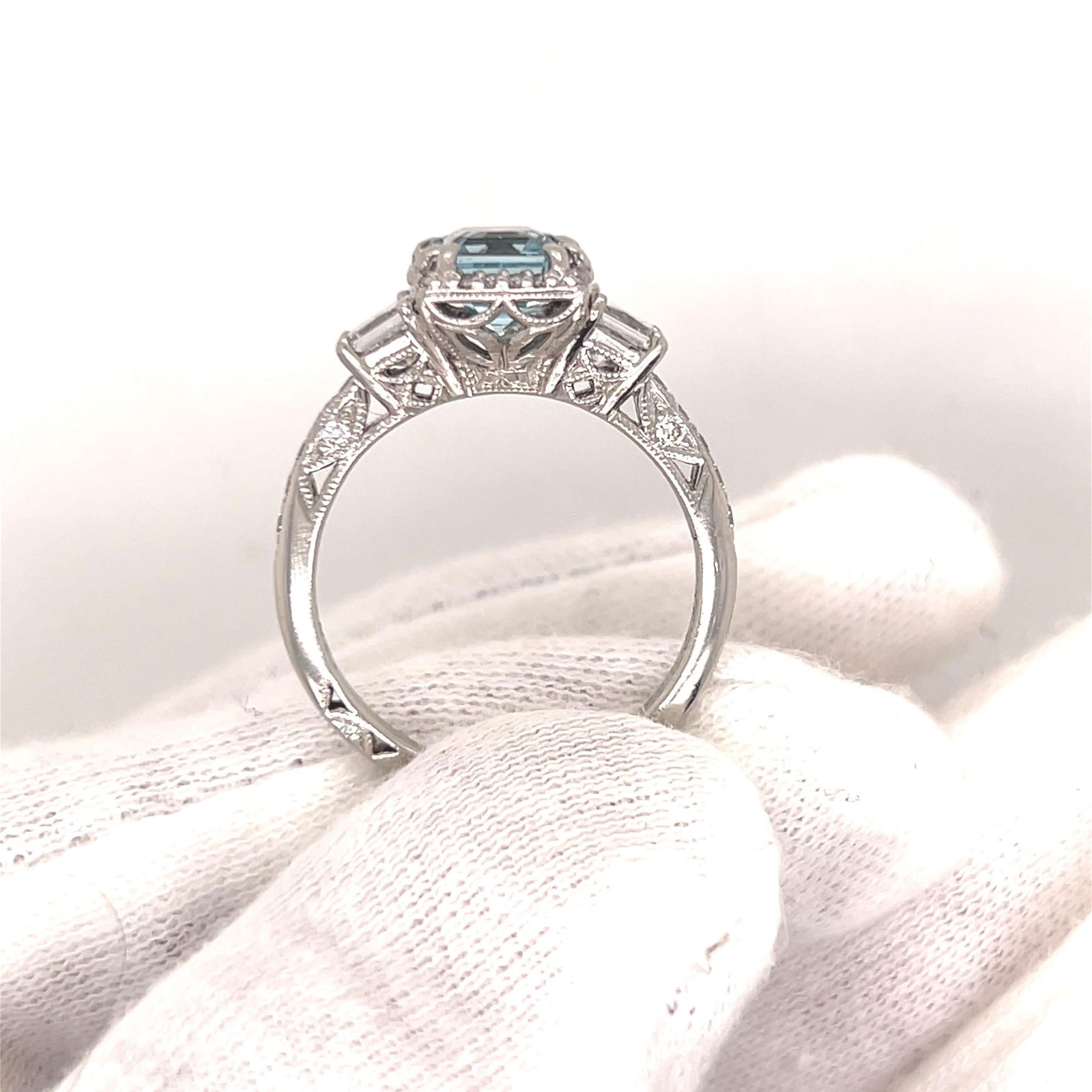 Platinum diamond aqua engagement ring cushion cut - 8