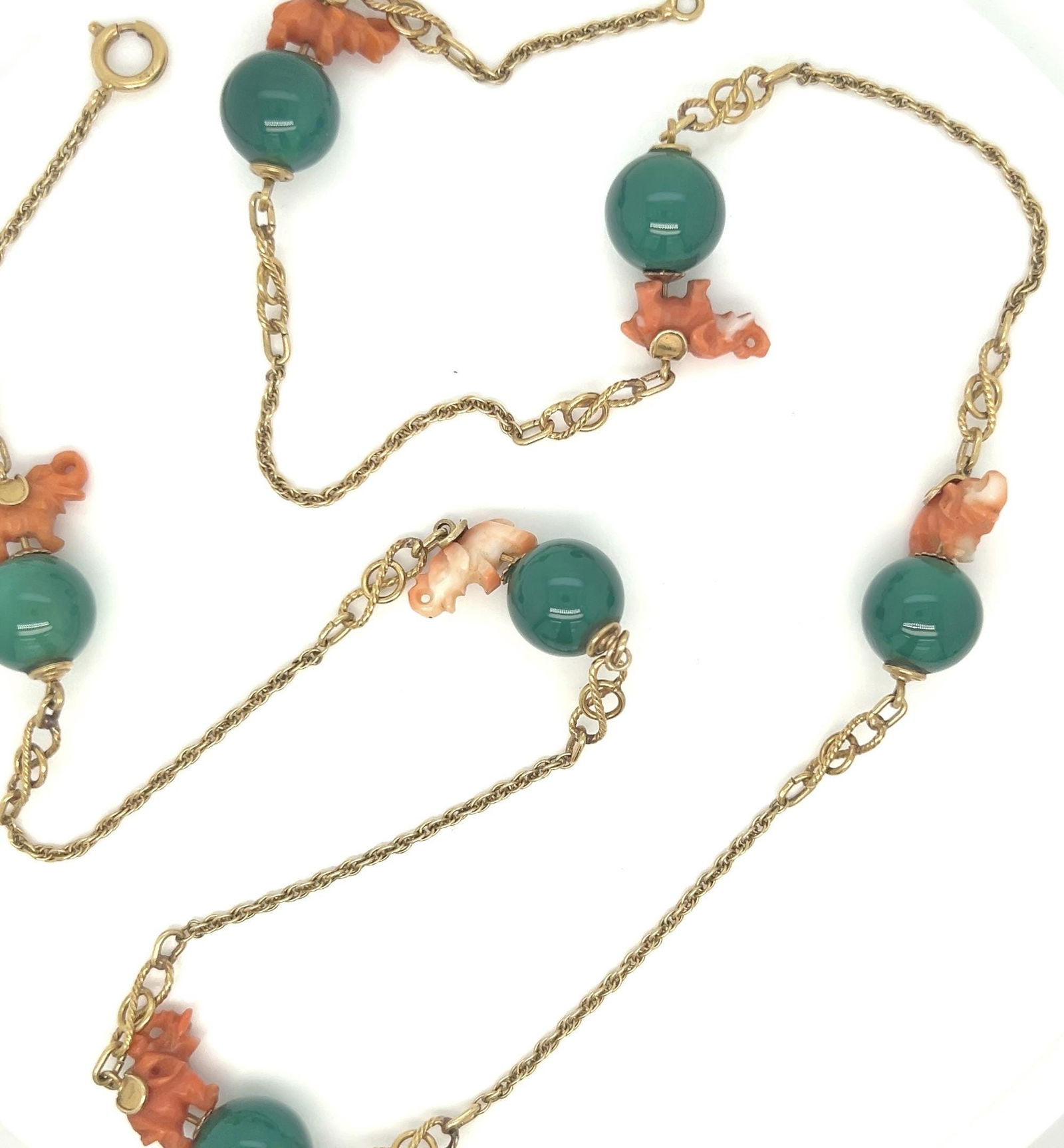 Vintage 18k Yellow Gold Coral Elephant and Chrysoprase Ball Necklace - 7